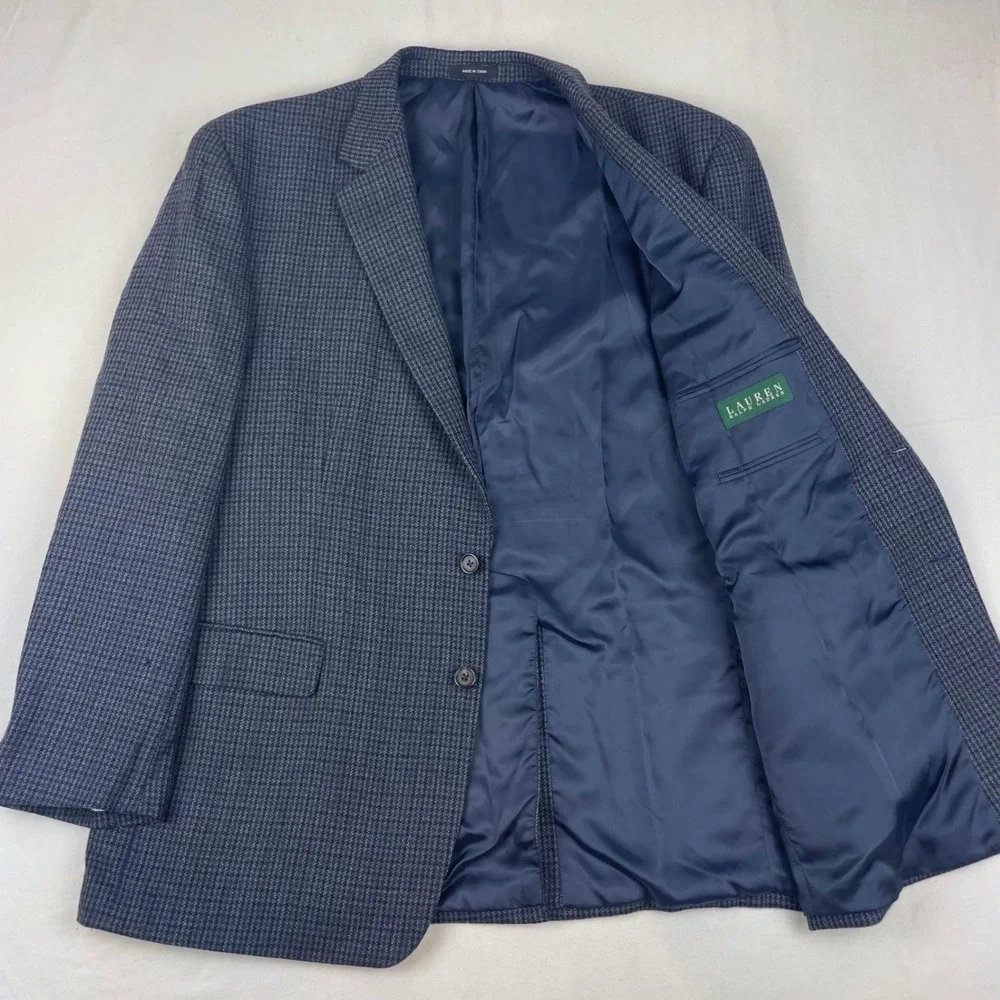 Lauren Ralph Lauren Men 48R 100% Lambswool Blazer Grey Houndstooth Sport Coat